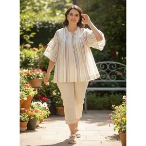 Peyton & Parker Rainbow Stripe Lurex Ruffle Sleeve Blouse Large NWT Boho Top